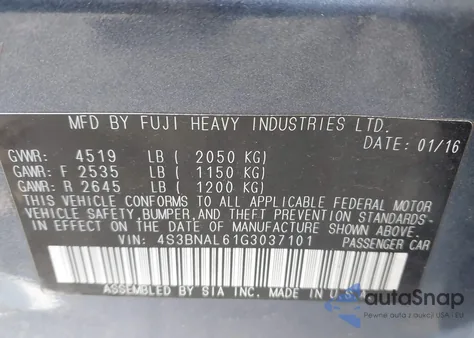 2016 Subaru Legacy 2.5I Limited z USA, uszkodzony, nr VIN 4S3BNAL61G3037101